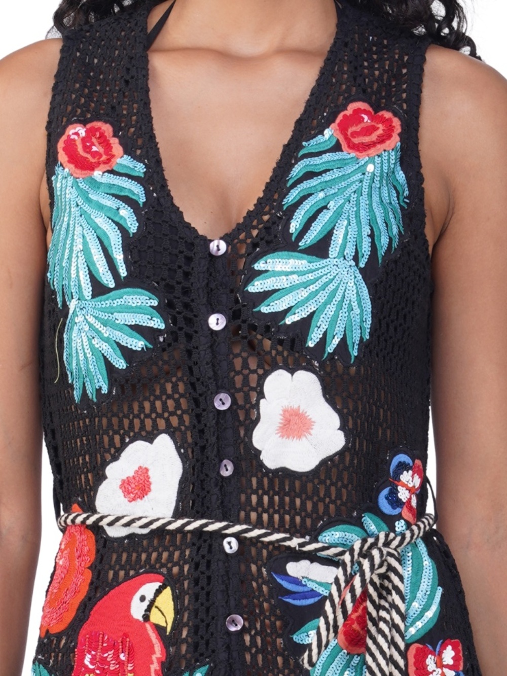 America & Beyond Black Embroidered Maxi Dress with Tropical Embroidered Parrots - Picture 4 of 5